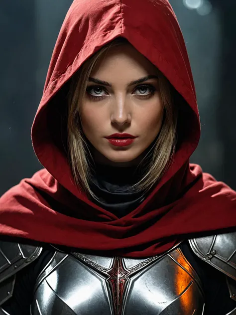 <lora:add-detail-xl:1.0>, sci-fi, a beautiful mysterious female knight templar wearing a red hood, dark tones, perfect composition, portrait, masterpiece, intricate, best quality, 8k, extremely detailed