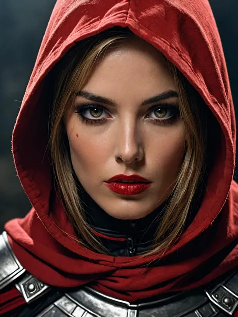 <lora:add-detail-xl:1.0>, sci-fi, a beautiful mysterious female knight templar wearing a red hood, dark tones, perfect composition, portrait, masterpiece, intricate, best quality, 8k, extremely detailed