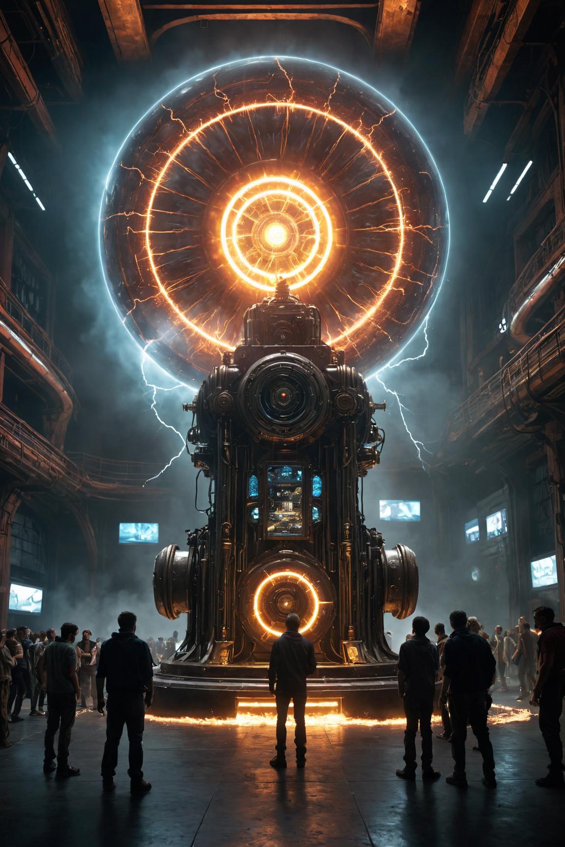 A group of people standing around a giant clock in a building - SeaArt AI