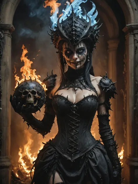 a grinning necromancer wearing a skull-shaped bone helmet and a corset, (piercing blue eyes:1.2), she is holding a ball of flames in one hand, standing in a burning ancient library, dark fantasy setting