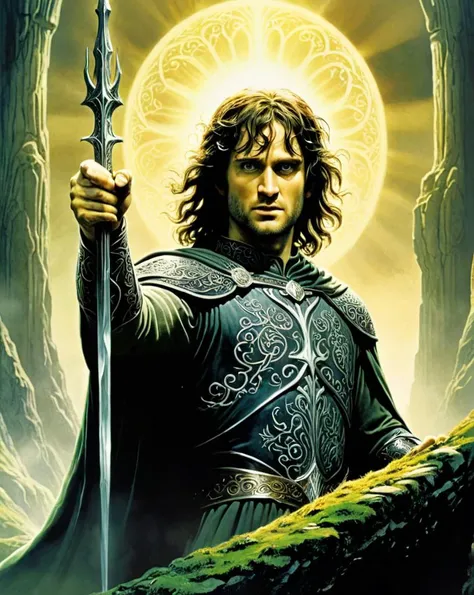 Digital art, Gondor (The Lord of the Rings), back-light,,<lora:xl_more_art-full_v1:0.5> <lora:Philippe Druillet Style:1> Philippe Druillet Style