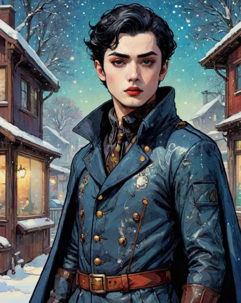 (designed by Harumi Hironaka:1.3) , manga art, Heavenly (Man:1.1) , the Man is doing Home improvement, wearing Dieselpunk costume, Cape, Snowy, Anime screencap, Ethereal Lighting, L USM, glitter texture, <lora:EldritchArt1.0:0.8>