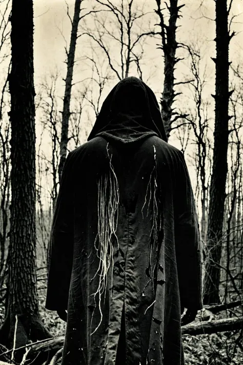 poor quality, (extremely grainy:1.5) black and white scan of damaged analogue photo of a silhouette of a man standing in a forest facing away from the camera, the man has long hair and is wearing a long coat, he is wearing a hood, the overall light of the picture should be dark, spooky, (underexposed:1.1), photo artifacts, damage