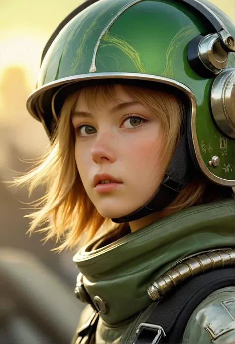 Europunk, Astronomer young girl, wearing Kuta with Intecrate metal details, green Fire helmet, at Sunrise, (by Artgerm:0.8) , (Yumihiko Amano:1.2) , Light caustics, Depth of field 270mm, expressive brush strokes, horror