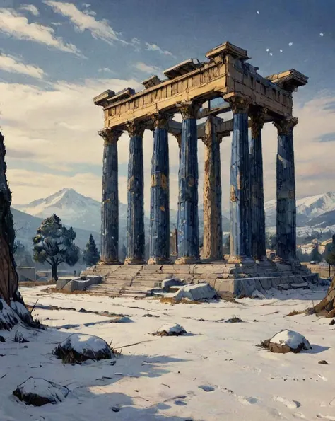 <lora:EldritchArt1.0:1>, landscape of a Indigo and Gold The Temple of Zeus, it is Desolate, Snowy, Sci-Fi, F/1.8, <lora:add-detail-xl:0.4>