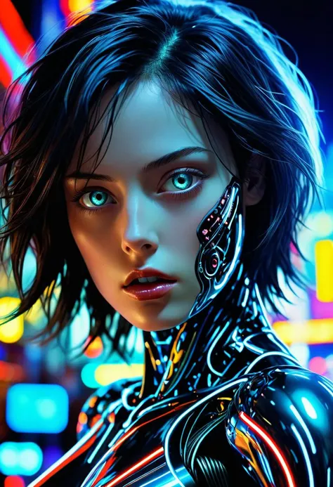 dreamscape cybernetic robot cybernetic robot breathtaking In this breathtaking world of Battle Angle at night, Alita comes to life in a stunning adaptation. Running towards the viewer, she commands attention, revealing every curve and line of her lean athletic form. Her charming and determined expression. The neon lights that bathe her in a warm glow. She maintains the same cool composure that made her such an iconic character. High contrast, vibrant colors, embedding:, extremely large detailed eyes. The overall effect is a stunning image that captures the style of Chris Cold and Jason Edmiston, . android, AI, machine, metal, wires, tech, futuristic, highly detailed, . surreal, ethereal, dreamy, mysterious, fantasy, highly detailed,