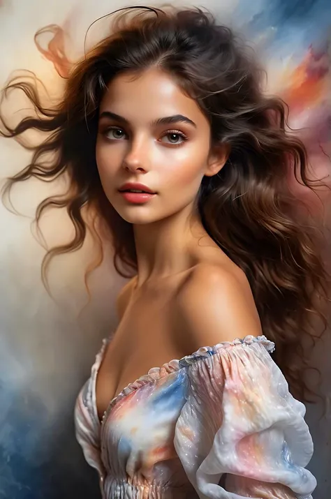 young woman, pretty and youthful face, perfect body, very deep neckline, open clothes, sexy outfit, dynamic pose, concept art, fluid, soft edges, light colors, translucent, delicate, vibrant, beautiful, painterly, detailed, textural, artistic, goddess braids hair style, brunette hairs, looking at another, from the side, absurdres, masterpiece, 8k, high detail, intricate, best quality, watercolor painting, close up on face, <lora:desolation:0.35>
