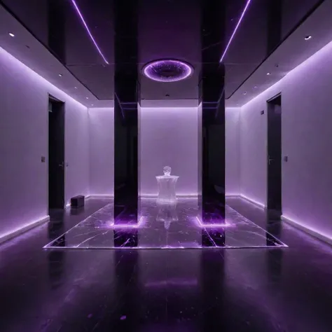 a futuristic room, the ceiling, floor and walls are made of translucent black glass. In the center of the room stands a white column with a crystal top, from which a purple glow emanates. flux-style, detailxl