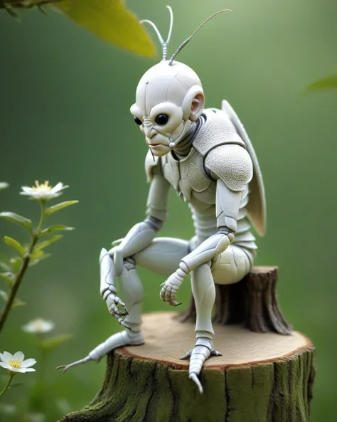 bald insect with goatee, white eyes, white plaster texture, sitting on tree stump, elbow on knee, soft lighting, extreme detail, HD, sculpture, low contrast, insect man warrior, insects castle in the background, photorealistic, cinematic <lora:hybridexa:0.65>