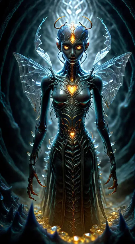 hybridexa insect Within the confines of a shadowy cavern, an insect with antennae of silver threads navigates a surrealistic maze of crystalline formations, leading a girl with eyes of molten gold into the enigmatic heart of an ancient and mystical realm <lora:hybridexa:1>