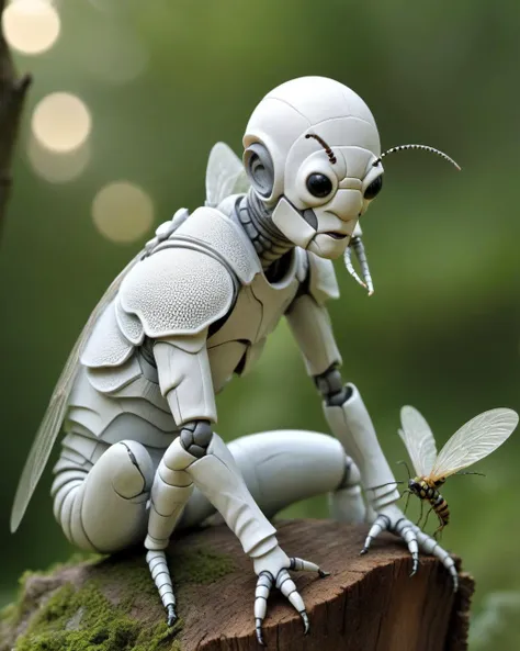 bald insect with goatee, white eyes, white plaster texture, sitting on tree stump, elbow on knee, soft lighting, extreme detail, HD, sculpture, low contrast, insect man warrior, insects castle in the background, photorealistic, cinematic <lora:hybridexa:0.65>