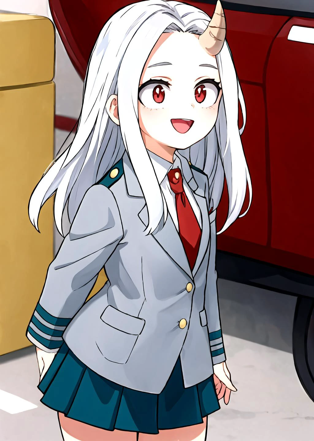 <lyco:GoodHands-beta2:1>, 1girl, <lora:L_Eri_v1:0.65> white hair, single horn, red eyes,
<lora:attire_uauniforms-17:1> u.a. school uniform, grey jacket, red necktie, green skirt, happy, wide hips, thick thighs, from side,