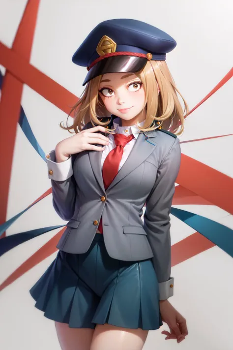 (masterpiece, best quality:1.2), <lyco:mha_utsushimi-09:0.8>, <lyco:attire_uauniforms-17:1.0>, cowboy shot, solo, 1girl, utsushimi camie, smile, closed mouth, looking at viewer, hand on own chest, hat, u.a. school uniform, grey jacket, red necktie, green skirt