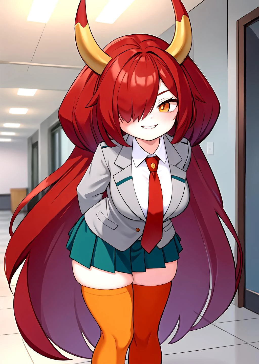 1girl, [<lora:hekapoo_10:0.6> #decrease:0]  hekapoo, large breasts, red hair, absurdly long hair, hair over one eye, standing, orange eyes,
<lora:attire_uauniforms-17:1> u.a. school uniform, grey jacket, red necktie, green skirt, arms behind back, leaning forward, (((orange legwear))), thighhighs, smug, hallway, thick thighs, wide hips,