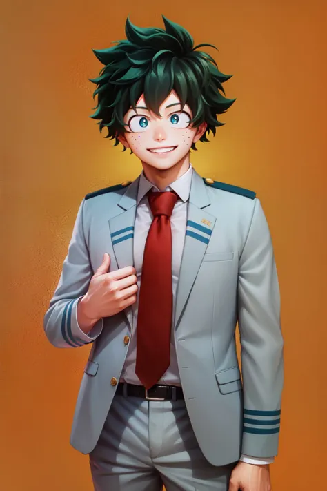 (masterpiece, best quality:1.2), <lyco:mha_midoriya-10:0.8>, <lyco:attire_uauniforms-17:1.0>, cowboy shot, solo, male focus, 1boy, midoriya izuku, smile, looking at viewer, short hair, green eyes, u.a. school uniform, grey jacket, red necktie, green pants