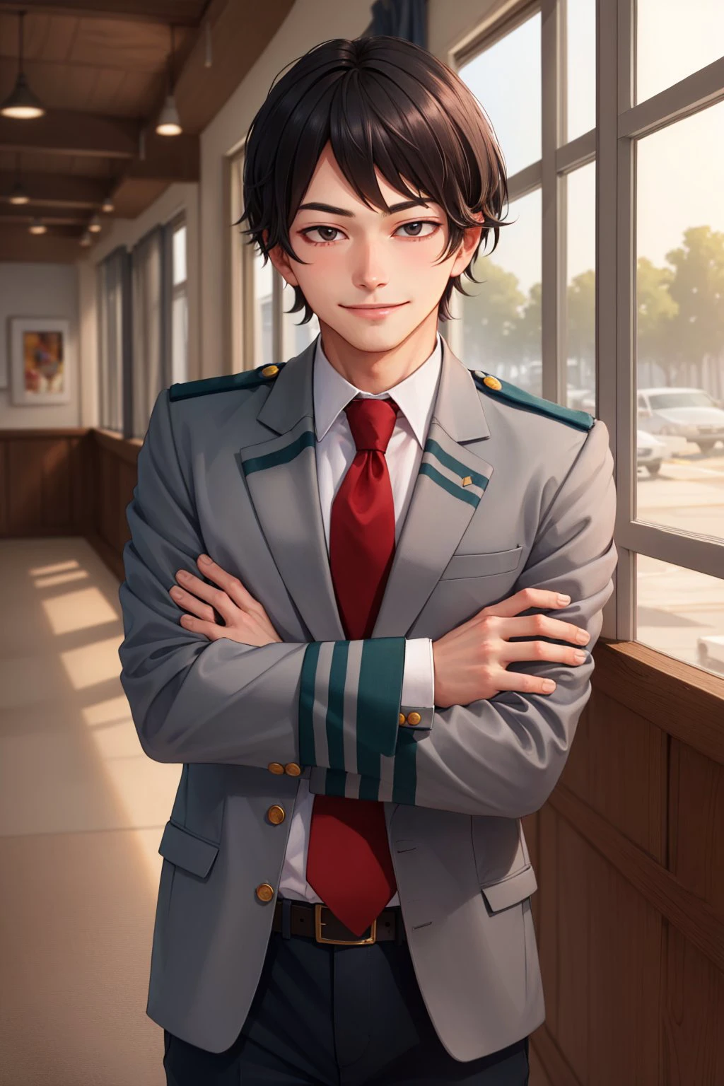 (masterpiece, best quality:1.2), <lyco:attire_uauniforms-17:1.0>, cowboy shot, solo, male focus, 1boy, smile, closed mouth, looking at viewer, crossed arms, black hair, u.a. school uniform, grey jacket, red necktie, green pants