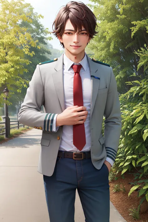 (masterpiece, best quality:1.2), <lyco:attire_uauniforms-17:1.0>, cowboy shot, solo, male focus, 1boy, smile, looking at viewer, hand in pocket, u.a. school uniform, grey jacket, necktie, green pants