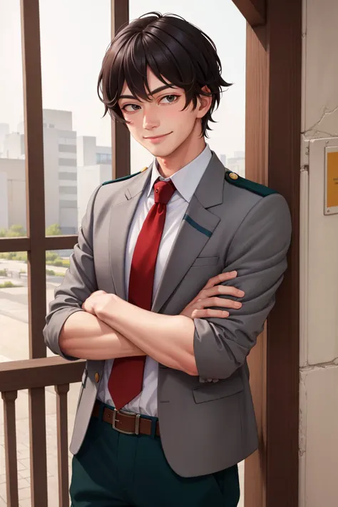 (masterpiece, best quality:1.2), <lyco:attire_uauniforms-17:1.0>, cowboy shot, solo, male focus, 1boy, smile, closed mouth, looking at viewer, crossed arms, black hair, u.a. school uniform, grey jacket, red necktie, green pants