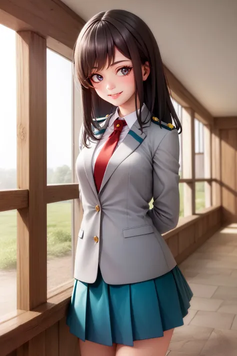 (masterpiece, best quality:1.2), <lyco:attire_uauniforms-17:1.0>, cowboy shot, solo, 1girl, smile, looking at viewer, arms behind back, long hair, u.a. school uniform, grey jacket, red necktie, green skirt