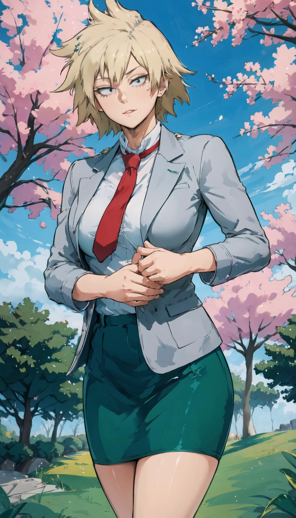 cowboy shot, (masterpiece), (best quality:1.0), (ultra highres:1.0), highly detailed face and eyes,
BREAK
<lora:MitsukiMHA:0.8> MitsukiMHA, mature female, posing
<lyco:u.a. school uniform, grey jacket, red necktie, green skirt, green pants:0.6> grey jacket, red necktie, green skirt,
<lora:cutesexyrobutts_v2, csr style:0.6> (csr style:1.2)
BREAK
sakura tree, building, gorgeous view