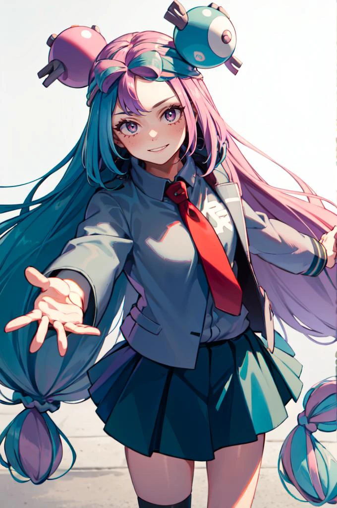 smile, outstretched arms, <lora:Iono_Pokemon:0.8> iono (pokemon), solo, 1girl, pink eyes, long hair, blue hair, pink hair, light blue hair, multicolored hair, bow-shaped hair, <lora:attire_uauniforms:1> u.a. school uniform, grey jacket, red necktie, green skirt,, absurdres, ultra detailed, masterpiece, best quality, aesthetic, detailed,