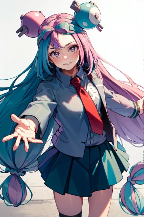 smile, outstretched arms, <lora:Iono_Pokemon:0.8> iono (pokemon), solo, 1girl, pink eyes, long hair, blue hair, pink hair, light blue hair, multicolored hair, bow-shaped hair,  <lora:attire_uauniforms:1> u.a. school uniform, grey jacket, red necktie, green skirt,, absurdres, ultra detailed, masterpiece, best quality, aesthetic, detailed,