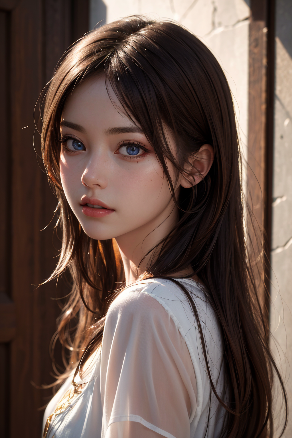 A woman with long hair and blue eyes standing in front of a door ...