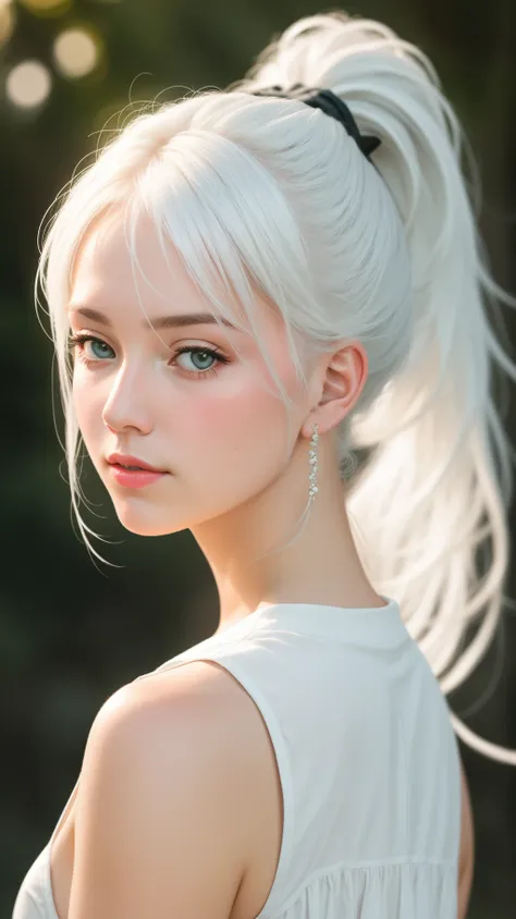 RAW photo, 8k uhd, dslr, soft lighting, high quality, film grain, realistic, Fujifilm XT3, 
1girl,face,white hair, ponytail,