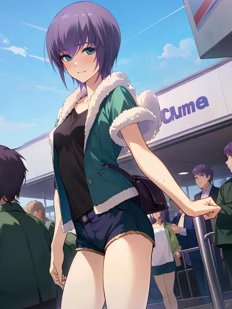 masterpiece,best quality,highres,dramatic angle,<lora:PuellaMagaLuciferOukaV2:0.75>,1girl,(Seri,purple hair,short hair,blue eyes,green jacket,black shirt,short shorts),cap,casualsuit,at cinema,handbag,looking at viewer,holding tickets,small breasts,crowd,blue sky,depth of field,happy,short sleeves,fur-trimmed
