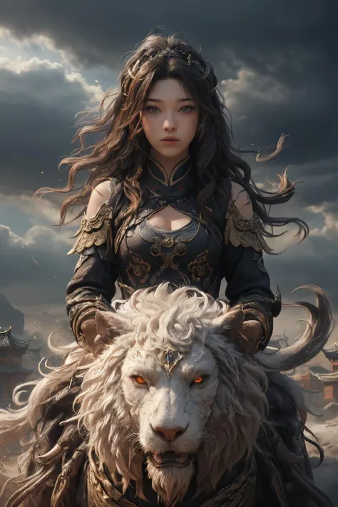 dahuangdongjing,masterpiece,ultra high resolution,high quality,real,lifelike,reality,exquisite details,unreal engine 5,<lora:dahuangdongjing_20230721003356-000009:0.5>,thunder,clear layered hair,white fur,glowing eyes,ride,1girl,