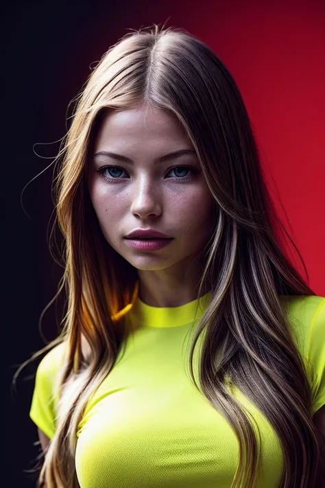 photo of beautiful (k4tel1-135:0.99), a woman with perfect hair, wearing Legal Pad Yellow (compression shirt:1.1), (plain red background:1.1), modelshoot style, (extremely detailed CG unity 8k wallpaper), professional majestic photography, (Leica M6 Camera), 24mm, exposure blend, hdr, faded, extremely intricate, High (Detail:1.1), Sharp focus, dramatic, soft cinematic light, (looking at viewer), (detailed pupils), 4k textures, elegant, ((((cinematic look)))), soothing tones, insane details, hyperdetailed, low contrast