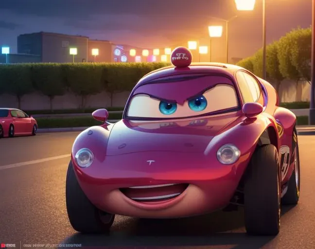 dramatic, purple body, purple, smile, night, lights, disney, tesla, happy, ((road vehicle)) ((detailed eyes))  looking at viewer, flags, <lora:pixarcars:1.1>, pixarcars, 3d, cg, (8k uhd, RAW photo, landscape, best quality, masterpiece), (realistic, high resolution), physically, ((vehicle focus)), outdoor, panoramic view, high detailed intricate environment, concept art, ominous, unreal, professional cinematic lighting, no humans, reflective, cartoon artwork, official art