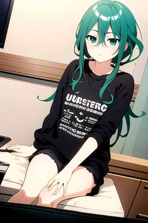 (masterpiece:1.1, best quality, highly detailed), dynamic angle, 1girl, sitting, natsumi normal, black shirt, living room, television, bright