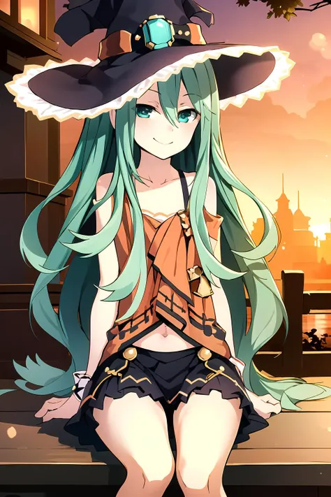 (masterpiece:1.1, best quality, highly detailed), dynamic angle, 1girl, natsumi normal spirit, flat chest, sitting, cute, smile, old town, orange sky, witch, skirt