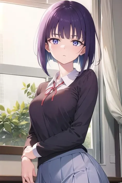 miyabisenpai, <lora:miyabisenpai-lora-nochekaiser:1>,
miyabi senpai, short hair, bangs, purple hair, (purple eyes:1.1),
BREAK skirt, shirt, long sleeves, ribbon, school uniform, pleated skirt, choker, collared shirt, neck ribbon, black choker,
BREAK indoors, classroom,
BREAK looking at viewer, (cowboy shot:1.5),
BREAK <lyco:GoodHands-beta2:1>, (masterpiece:1.2), best quality, high resolution, unity 8k wallpaper, (illustration:0.8), (beautiful detailed eyes:1.6), extremely detailed face, perfect lighting, extremely detailed CG, (perfect hands, perfect anatomy),