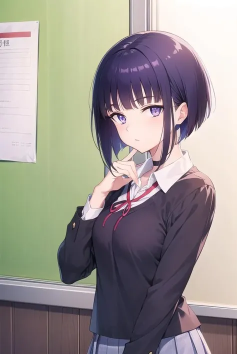 miyabisenpai, <lora:miyabisenpai-lora-nochekaiser:1>,
miyabi senpai, short hair, bangs, purple hair, (purple eyes:1.1),
BREAK skirt, shirt, long sleeves, ribbon, school uniform, pleated skirt, choker, collared shirt, neck ribbon, black choker,
BREAK indoors, classroom,
BREAK looking at viewer, (cowboy shot:1.5),
BREAK <lyco:GoodHands-beta2:1>, (masterpiece:1.2), best quality, high resolution, unity 8k wallpaper, (illustration:0.8), (beautiful detailed eyes:1.6), extremely detailed face, perfect lighting, extremely detailed CG, (perfect hands, perfect anatomy),