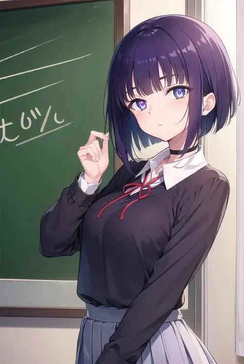 miyabisenpai, <lora:miyabisenpai-lora-nochekaiser:1>,
miyabi senpai, short hair, bangs, purple hair, (purple eyes:1.1),
BREAK skirt, shirt, long sleeves, ribbon, school uniform, pleated skirt, choker, collared shirt, neck ribbon, black choker,
BREAK indoors, classroom,
BREAK looking at viewer, (cowboy shot:1.5),
BREAK <lyco:GoodHands-beta2:1>, (masterpiece:1.2), best quality, high resolution, unity 8k wallpaper, (illustration:0.8), (beautiful detailed eyes:1.6), extremely detailed face, perfect lighting, extremely detailed CG, (perfect hands, perfect anatomy),