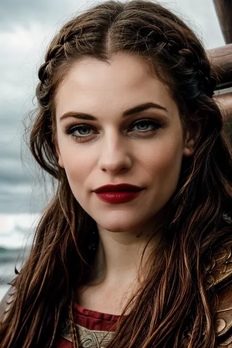 Professional photograph of JDG Woman, d&d fantasy setting, ((close up, portrait)), as a viking warrior, wearing leather armor, braided hair, (full viking outfit). She's a norse raider, standing at the prow of a viking longship, looking at the viewer, smiling, smirking. Adventurer barbarian, muscular body. Long black hair. Background is wild ocean, storm, raining, dark clouds, epic sailing voyage, other vikings on the ship. 4k, 8k, masterpiece, highest quality, bokeh, absurdres <lora:Jessica De Gouw 1.0 by Mal-1716:1> <lora:adventurer2.0-6:0.4> <lora:add_detail:1> red lipstick, eyeliner, brow risen