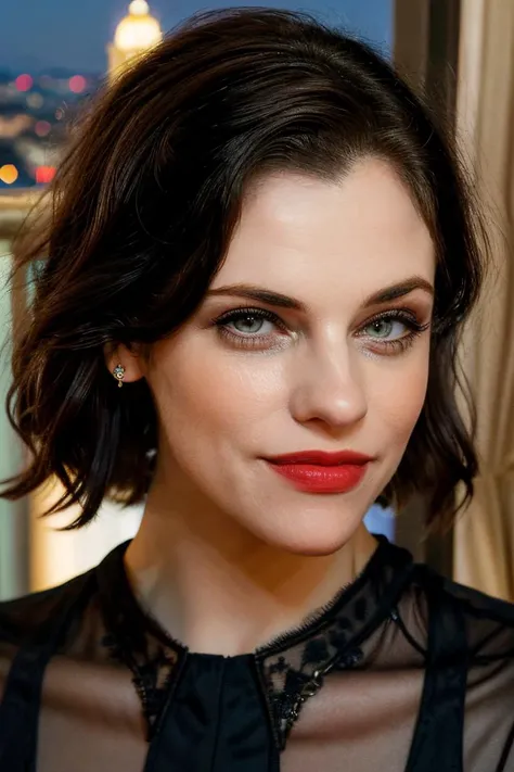 A waist-up portrait of a beautiful female whose face combines features of Katie McGrath + Melissa Benoist + Chyler Leigh. The female has lovely makeup on her face. The female wears red lipstick. Symmetrical eyes. Symmetrical face. Lovely details. Photorealistic. Full-colored photo. Professional photo. Highly detailed 8K.