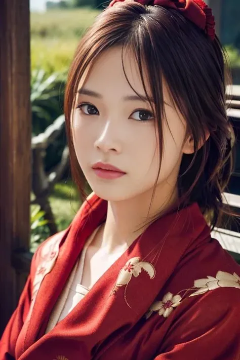 bangs,(best quality,masterpiece:1.2),8k,ultra high res,ultra detailed,best quality,looking at viewer,perfect lighting,flat light,ultra high quality,ultra high res,masterpiece,photorealistic,detailed face,<lora:Y0shiYuiv1:1>, red kimono