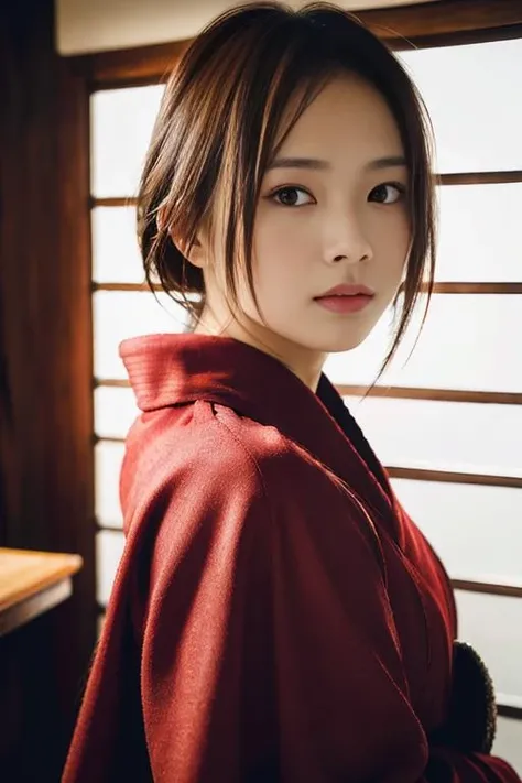 bangs,(best quality,masterpiece:1.2),8k,ultra high res,ultra detailed,best quality,looking at viewer,perfect lighting,flat light,ultra high quality,ultra high res,masterpiece,photorealistic,detailed face,<lora:Y0shiYuiv1:1>, red kimono