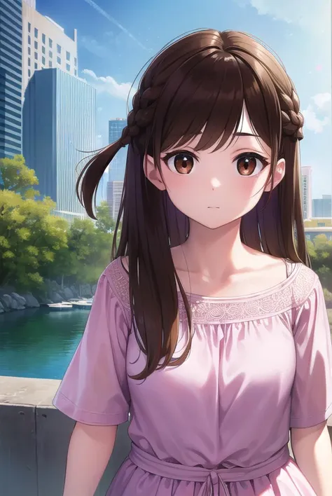 mizuharachizuru, <lyco:mizuharachizuru-lyco-nochekaiser:1>, 
mizuhara chizuru, long hair, brown hair, (brown eyes:1.7), (one side up:1.5), bangs, braid, hair braid,
BREAK bare shoulders, collarbone, pink shirt, puffy short sleeves, puffy sleeves, red bow, shirt, short sleeves, skirt, white skirt,
BREAK outdoors, city,
BREAK looking at viewer, (cowboy shot:1.5),
BREAK <lyco:GoodHands-beta2:1>, (masterpiece:1.2), best quality, high resolution, unity 8k wallpaper, (illustration:0.8), (beautiful detailed eyes:1.6), extremely detailed face, perfect lighting, extremely detailed CG, (perfect hands, perfect anatomy),