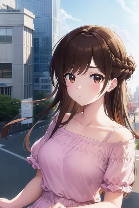 mizuharachizuru, <lyco:mizuharachizuru-lyco-nochekaiser:1>, 
mizuhara chizuru, long hair, brown hair, (brown eyes:1.7), (one side up:1.5), bangs, braid, hair braid,
BREAK bare shoulders, collarbone, pink shirt, puffy short sleeves, puffy sleeves, red bow, shirt, short sleeves, skirt, white skirt,
BREAK outdoors, city,
BREAK looking at viewer, (cowboy shot:1.5),
BREAK <lyco:GoodHands-beta2:1>, (masterpiece:1.2), best quality, high resolution, unity 8k wallpaper, (illustration:0.8), (beautiful detailed eyes:1.6), extremely detailed face, perfect lighting, extremely detailed CG, (perfect hands, perfect anatomy),