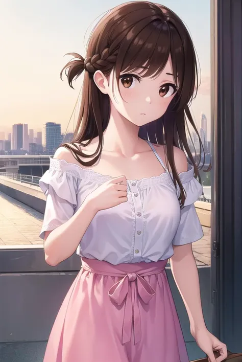 mizuharachizuru, <lyco:mizuharachizuru-lyco-nochekaiser:1>, 
mizuhara chizuru, long hair, brown hair, (brown eyes:1.7), (one side up:1.5), bangs, braid, hair braid,
BREAK bare shoulders, collarbone, pink shirt, puffy short sleeves, puffy sleeves, red bow, shirt, short sleeves, skirt, white skirt,
BREAK outdoors, city,
BREAK looking at viewer, (cowboy shot:1.5),
BREAK <lyco:GoodHands-beta2:1>, (masterpiece:1.2), best quality, high resolution, unity 8k wallpaper, (illustration:0.8), (beautiful detailed eyes:1.6), extremely detailed face, perfect lighting, extremely detailed CG, (perfect hands, perfect anatomy),