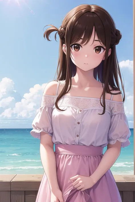 mizuharachizuru, <lyco:mizuharachizuru-lyco-nochekaiser:1>, 
mizuhara chizuru, long hair, brown hair, (brown eyes:1.7), (one side up:1.5), bangs, braid, hair braid,
BREAK bare shoulders, collarbone, pink shirt, puffy short sleeves, puffy sleeves, red bow, shirt, short sleeves, skirt, white skirt,
BREAK outdoors, city,
BREAK looking at viewer, (cowboy shot:1.5),
BREAK <lyco:GoodHands-beta2:1>, (masterpiece:1.2), best quality, high resolution, unity 8k wallpaper, (illustration:0.8), (beautiful detailed eyes:1.6), extremely detailed face, perfect lighting, extremely detailed CG, (perfect hands, perfect anatomy),