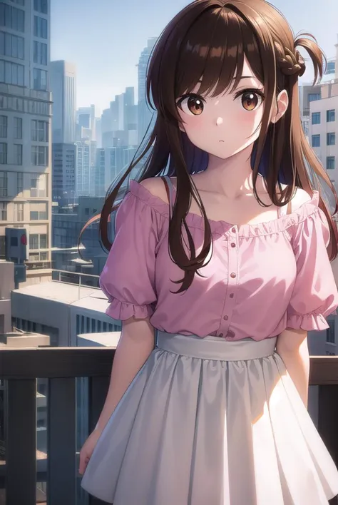 mizuharachizuru, <lyco:mizuharachizuru-lyco-nochekaiser:1>, 
mizuhara chizuru, long hair, brown hair, (brown eyes:1.7), (one side up:1.5), bangs, braid, hair braid,
BREAK bare shoulders, collarbone, pink shirt, puffy short sleeves, puffy sleeves, red bow, shirt, short sleeves, skirt, white skirt,
BREAK outdoors, city,
BREAK looking at viewer, (cowboy shot:1.5),
BREAK <lyco:GoodHands-beta2:1>, (masterpiece:1.2), best quality, high resolution, unity 8k wallpaper, (illustration:0.8), (beautiful detailed eyes:1.6), extremely detailed face, perfect lighting, extremely detailed CG, (perfect hands, perfect anatomy),