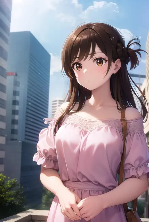 mizuharachizuru, <lyco:mizuharachizuru-lyco-nochekaiser:1>, 
mizuhara chizuru, long hair, brown hair, (brown eyes:1.7), (one side up:1.5), bangs, braid, hair braid,
BREAK bare shoulders, collarbone, pink shirt, puffy short sleeves, puffy sleeves, red bow, shirt, short sleeves, skirt, white skirt,
BREAK outdoors, city,
BREAK looking at viewer, (cowboy shot:1.5),
BREAK <lyco:GoodHands-beta2:1>, (masterpiece:1.2), best quality, high resolution, unity 8k wallpaper, (illustration:0.8), (beautiful detailed eyes:1.6), extremely detailed face, perfect lighting, extremely detailed CG, (perfect hands, perfect anatomy),