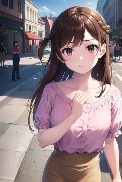 mizuharachizuru, <lyco:mizuharachizuru-lyco-nochekaiser:1>, 
mizuhara chizuru, long hair, brown hair, (brown eyes:1.7), (one side up:1.5), bangs, braid, hair braid,
BREAK bare shoulders, collarbone, pink shirt, puffy short sleeves, puffy sleeves, red bow, shirt, short sleeves, skirt, white skirt,
BREAK outdoors, city,
BREAK looking at viewer, (cowboy shot:1.5),
BREAK <lyco:GoodHands-beta2:1>, (masterpiece:1.2), best quality, high resolution, unity 8k wallpaper, (illustration:0.8), (beautiful detailed eyes:1.6), extremely detailed face, perfect lighting, extremely detailed CG, (perfect hands, perfect anatomy),