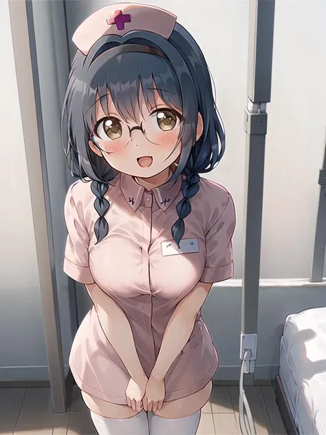 masterpiece, best quality, (1girl:1.2), solo, medium breasts, furutani_himawari, blue hair, brown eyes, hairband, medium hair, low twin braids, hair intakes, square glasses, pink nurse clothes, nurse, nurse cap, white thighhighs, hospital bed, happy, open mouth, slutery, horny, takahero <lora:C_furutani_himawari-v14:0.8>