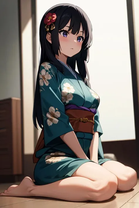 masterpiece, best quality, absurdres, perfect anatomy, 1girl, solo, Kousaka Reine, long hair, medium breasts, indoors, kimono, hair flower, floral print, wariza, sitting, hands on own knees, <lora:KousakaReina:1.0>